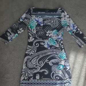 White House Black Market Black and Blue Floral Long Sleeve Dress